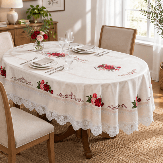 Tablecloth Offwhite 60"x84" Oval Embroidery Lace Rose Pattern - Walmart.com