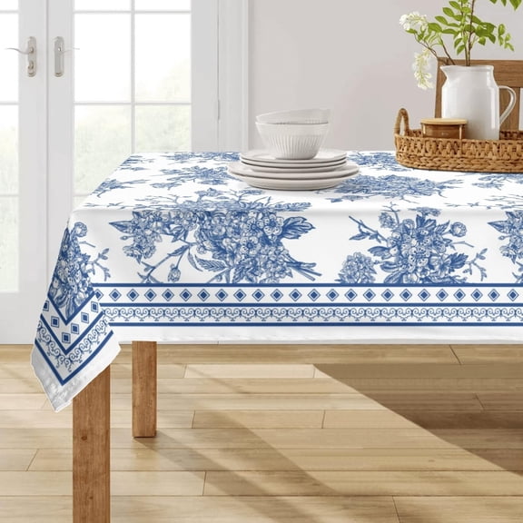 Tablecloth Polyester Fabric 60x120 Rectangle Blue Floral Tablecloths Washable Wrinkle Resistant Dining Outdoor Table Cloth for Kitchen Party Restaurant Picnic Home Decor