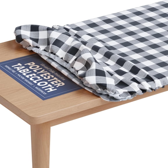 Tablecloth of Polyester -Fitted with Elastic, Water Proof, Washable, Fits for Table 36 x 72 Inch, Checked Black Design, for Indoor/Outdoor Kitchen and Picnic and More...