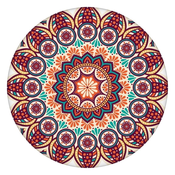 Tablecloth Psychedelic Mandala Art Waterproof Elastic Round Cover with Backing for Healing and Meditation Spaces