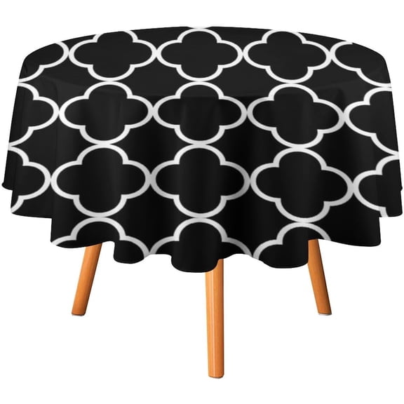 Tablecloth Quatrefoil Black White Table Cover 70inch Round Washable Table Cloth for Kitchen Dinning Party Tabletop Modern Decoration