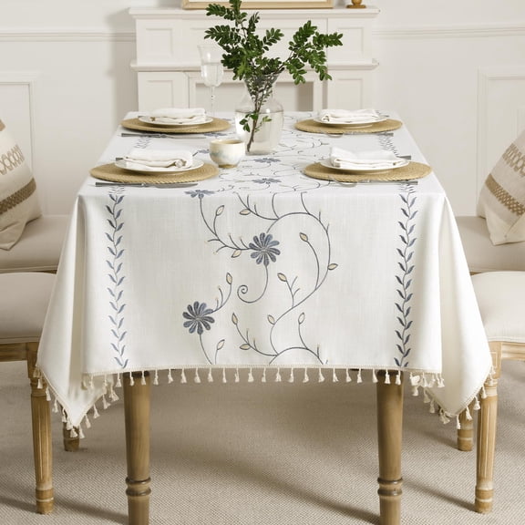 Tablecloth Rectangle, Fall Linen Cotton Tablecloth with Tassels, Heavy Duty Table Cloth with Grey Daisy, Floral Farmhouse Table Cover Cloth Decorative for Kitchen Dining (140*200cm)