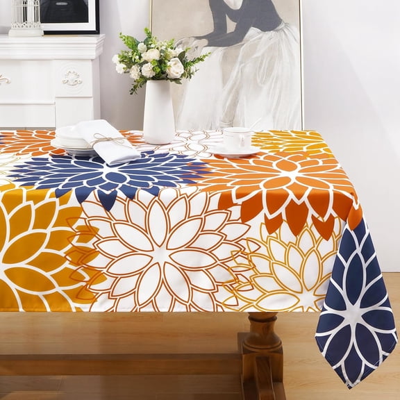 Tablecloth Rectangle, Spring Summer Dahlia Pinnata Waterproof Table Cloth, Orange Blue Green Flower Table Cover for Party Picnic Dinner Decor, 60"x84"
