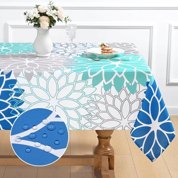Tablecloth Rectangle, Spring Summer Dahlia Pinnata Waterproof Table Cloth, Teal Blue Floral Table Cover for Party Picnic Dinner Decor, "x84"