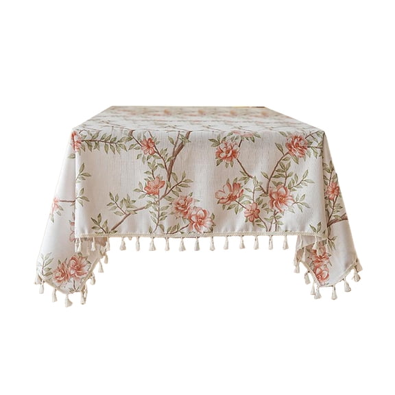 Tablecloth Rectangular Floral and Birds Print Tassel Edge Imitation Linen Polyester Table Cover Dirt Proof Washable Dining Table Cloth Coffee Table Cover Decor for Kitchen Living Room Multicolor