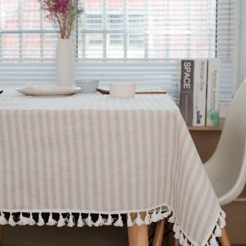 Beige Striped Cotton Linen Rectangular Tablecloth with Tassels