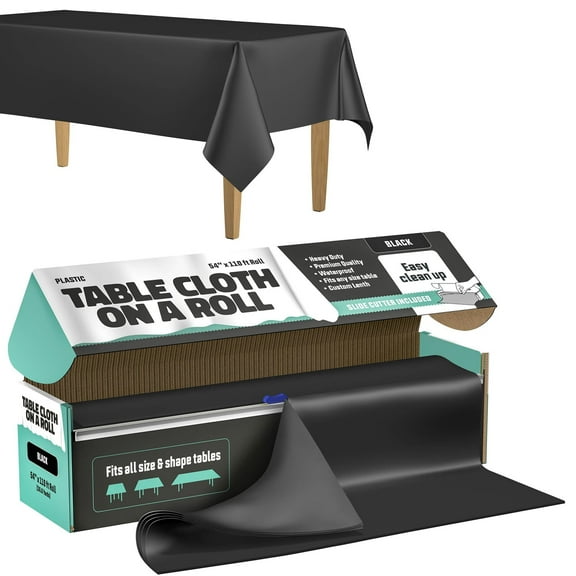 Tablecloth Roll  54" X 110' Black Premium Plastic Table Cloths with Cutter Box - Cut to Size - Decorative Rectangle Table Cover Smooth Tablecloth - Disposable Tablecloths for Parties, Weddings.