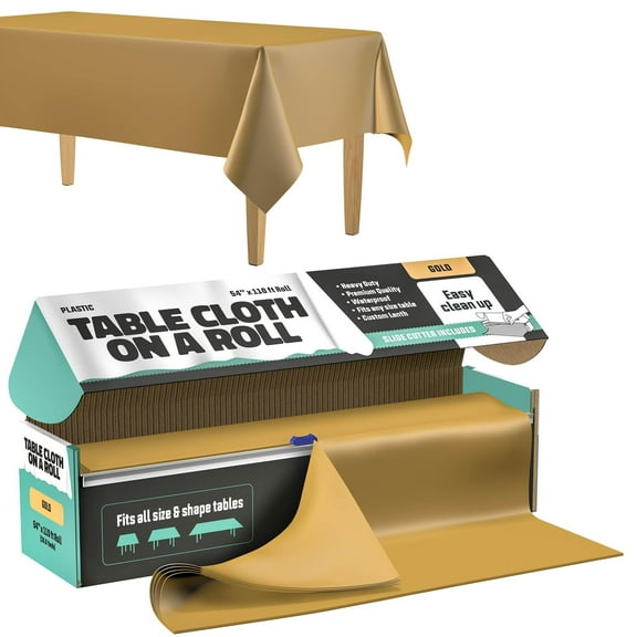 Tablecloth Roll  54" X 110' Gold Premium Plastic Table Cloths with Cutter Box - Cut to Size - Decorative Rectangle Table Cover Smooth Tablecloth - Disposable Table Cloths for Parties, Weddings.