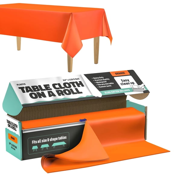 Tablecloth Roll 54" X 110' Orange Premium Plastic Table Cloths with Cutter Box - Cut to Size - Decorative Rectangle Table Cover Smooth Tablecloth - Disposable Table Cloths for Parties, Weddings.
