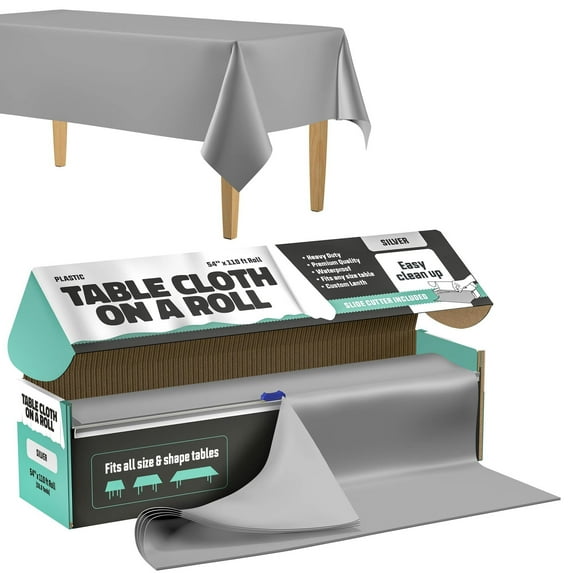 Tablecloth Roll 54" X 110' Silver Premium Plastic Table Cloths with Cutter Box - Cut to Size - Decorative Rectangle Table Cover Smooth Tablecloth - Disposable Table Cloths for Parties, Weddings.