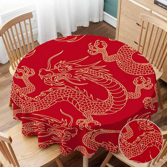 Tablecloth Round Dragon Table Cloth Chinese Dragons Fighting Gold Outlines on Red Table Cover for Dining Room Kitchen Decoration Round Tablecloths 60 inch