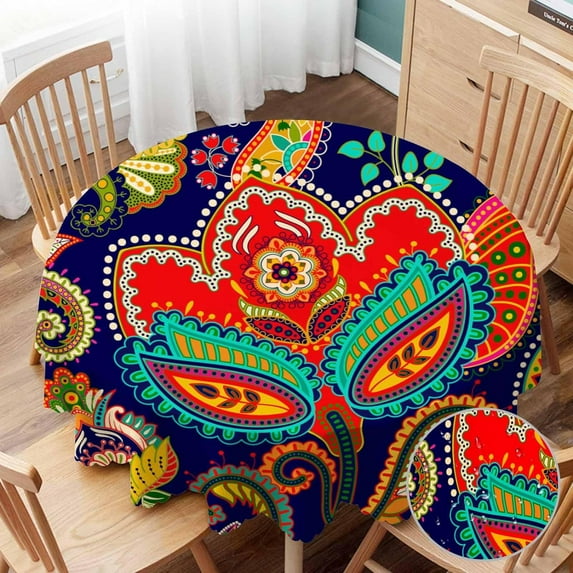 Tablecloth Round Paisley Floral Table Cloth Retro Colorful Indian Style Boho Ethnic Flowers Table Cover for Dining Room Kitchen Decoration Round Tablecloths 60 inch