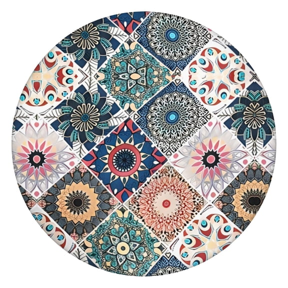 Tablecloth Round Retro Geometric Boho Style, Elastic Fitted Waterproof Vinyl, Backed, Reusable & Stain-Resistant
