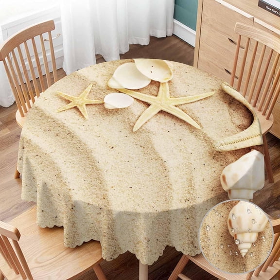 Tablecloth Round Seashells on Sand Table Cloth Tropical Beach Marine Nature Starfish Sea Star Wave Sand Table Cover for Dining Room Kitchen Decoration 60inch