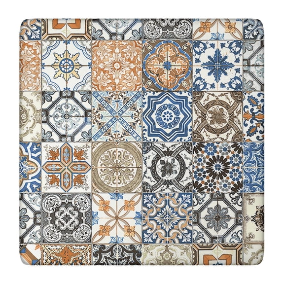 Tablecloth Square Boho Floral Abstract Style, Waterproof Vinyl, Elastic Fitted with Backing for Dining and Outdoor Use