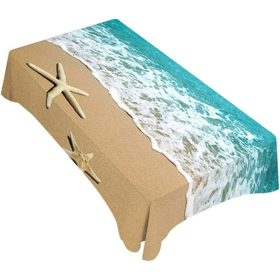 Tablecloth Summer Beach Table Cloth Rectangle Table 60 x 84 Inch Sea Wave Starfish on Sand Kitchen Decorations for Home Dinner Party
