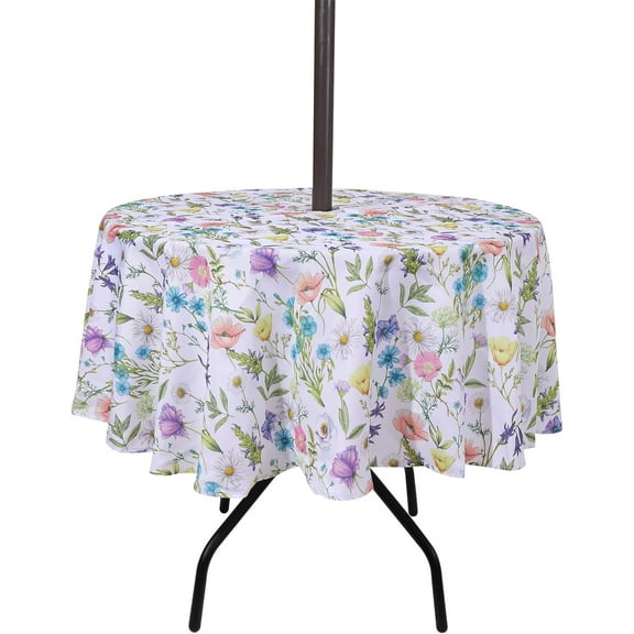 Tablecloth with Umbrella Hole, Waterproof Zippered Patio Table Cloths, Table Covers for Backyard Circular Table//Picnic (Flora,60'''' Round with Zipper)