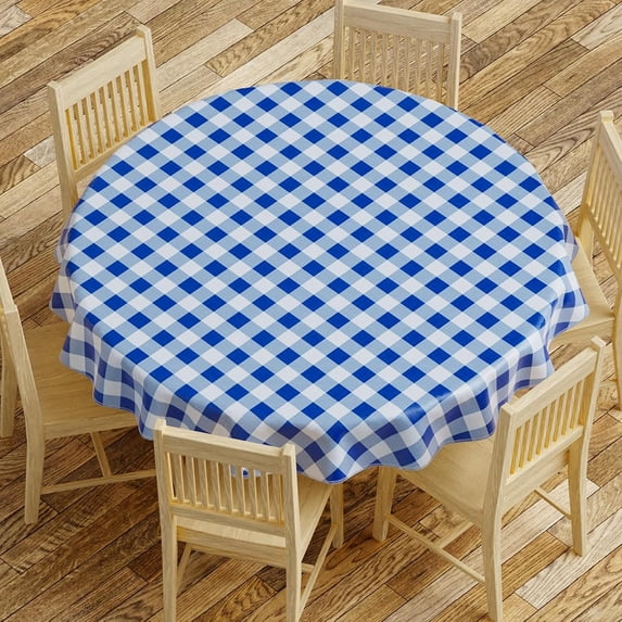 Tablecloth - Vinyl with Flannel Back, Round, Water Proof, Easy to Clean, Checked Blue Design Round