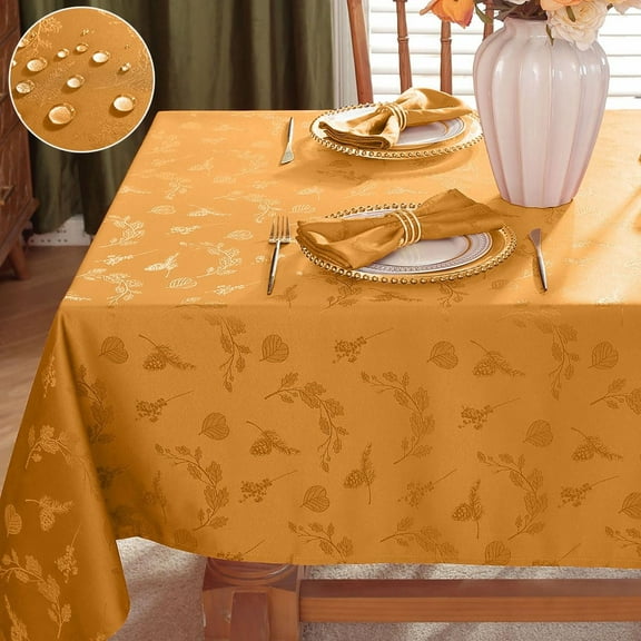 Tablecloth Waterproof Wrinkle Free Autumn Ginkgo Leaves Jacquard Fabric Table Cloths for Fall Thanksgiving Harvest, Dining Party Decoration, Amber