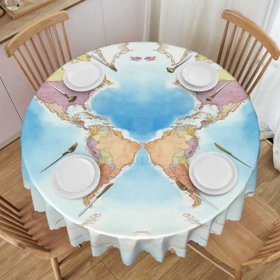 Tablecloth World Map Round Printed Table Cloth For Parties Camping Picnic Banquet Indoor & Outdoor Use - 60 Inches
