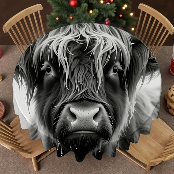 Tablecloth for dining table - Interesting Highland Cow Print, Machine-Made Holiday-Themed Design tablecloths for round tables, Cafe, dinner, brunch, buffet, picnic