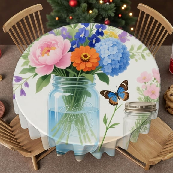 Tablecloth for dining table - Watercolor Flower Print, 2D Flat Printing Holiday-Themed Design tablecloth round, Cafe, dinner, brunch, buffet, picnic, 60x60 Inch