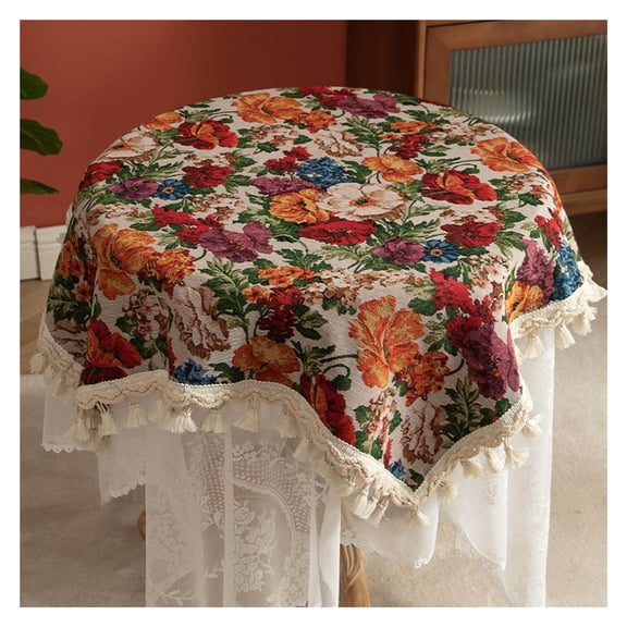 Tablecloth, dining table cloth, 140*140cm round tablecloth, vintage pattern with tassels tablecloth, dining room decorative tablecloth, for dining table holiday party living room