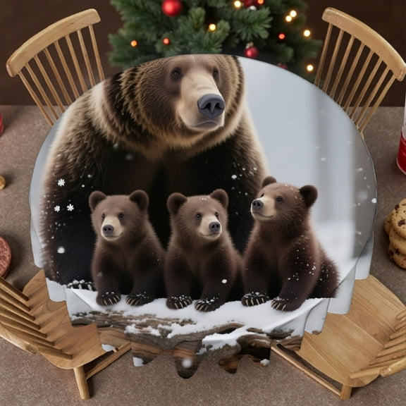Tablecloth for dining table round - Bear and Cubs Love Family Print, Kitchen Accessories Festive Table Setting Family Round Tablecloth, Cafe, dinner, brunch, buffet, picnic