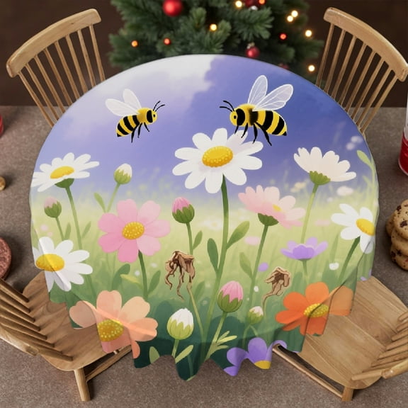 Tablecloth for dining table round - Daisy Garden with Butterflies and Bees Print, Festive Table Setting tablecloths for round tables, Cafe, picnic,60x60 Inch