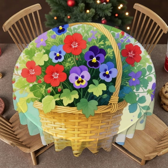 Tablecloth for dining table round - Geranium Basket Print, Holiday-Themed Design Kitchen Accessories Family Round Tablecloth, Cafe, picnic,60x60 Inch