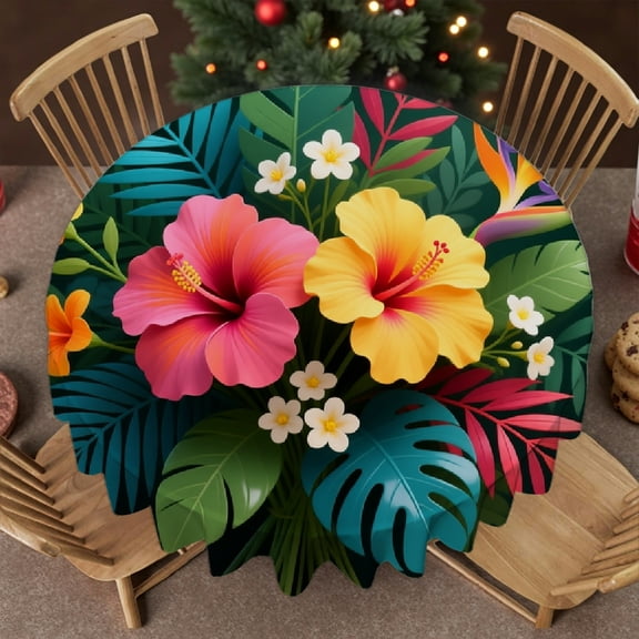 Tablecloth for dining table round - Hibiscus Plumeria Flower Print, Machine-Made Holiday-Themed Design Family Round Tablecloth, Cafe, picnic,60x60 Inch