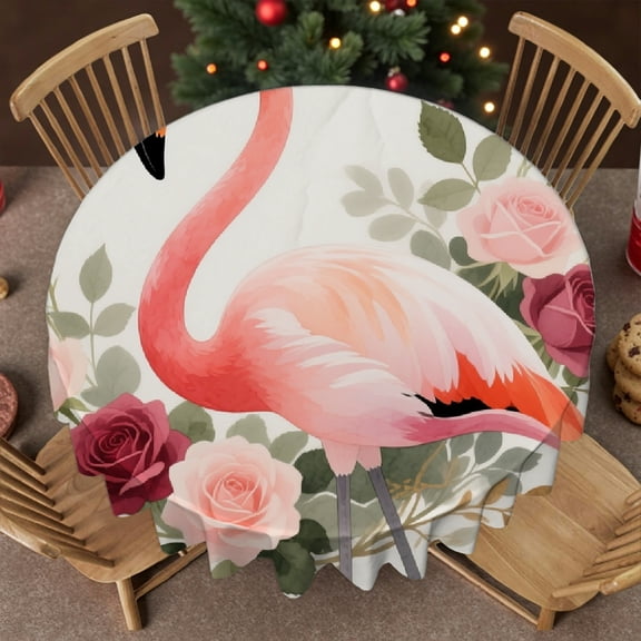 Tablecloth for dining table round - Pink Flamingo With Flowers Print, Kitchen Accessories Festive Table Setting tablecloths for round tables, Cafe, dinner, brunch, buffet, picnic