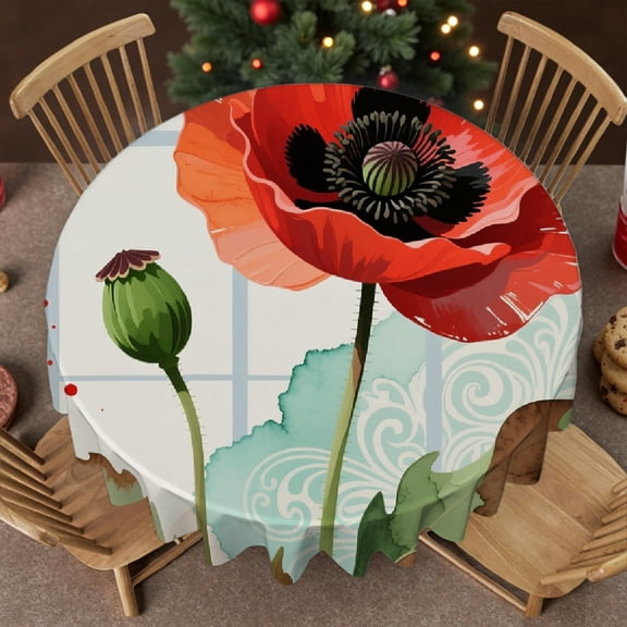 Tablecloth for dining table round - Red Poppy Flower Paint Brush Splash Print, Festive Table Setting for round tables, Cafe, dinner, brunch, buffet, picnic, 60x60 Inch