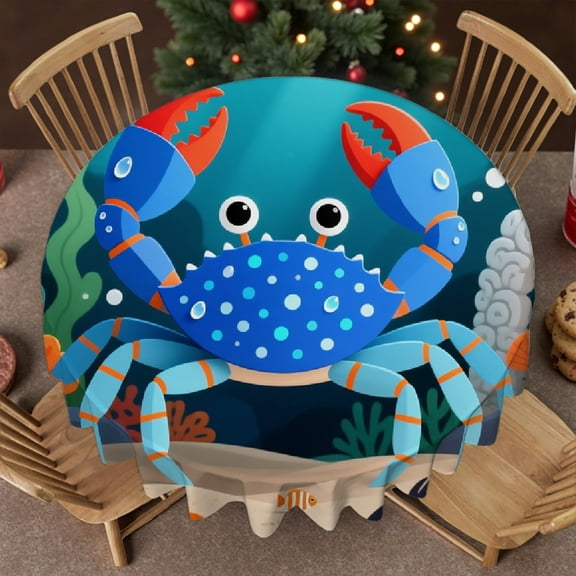 Tablecloth for dining table round - Teal Crab Print,  Holiday-Themed Design Machine-Made Family Round Tablecloth, Cafe, dinner, brunch, buffet, picnic