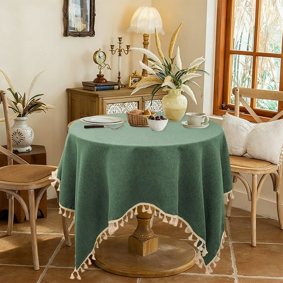 Tablecloth for Dining Table - Linen Cotton Blend, Scratch & Spill Protection, Tassel Embroidery Decor, Formal Dinner and Casual Family Gatherings