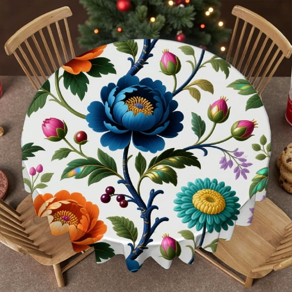 Tablecloth for dining table round - Vintage Floral Print,  Festive Table Setting Tablecloth for dining table, Cafe,  picnic,60x60 Inch