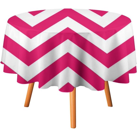 Tablecloth hot Pink White Large Chevron Zigzag Pattern Table Cover 60inch Round Washable Table Cloth for Kitchen Dinning Party Tabletop Modern Decoration
