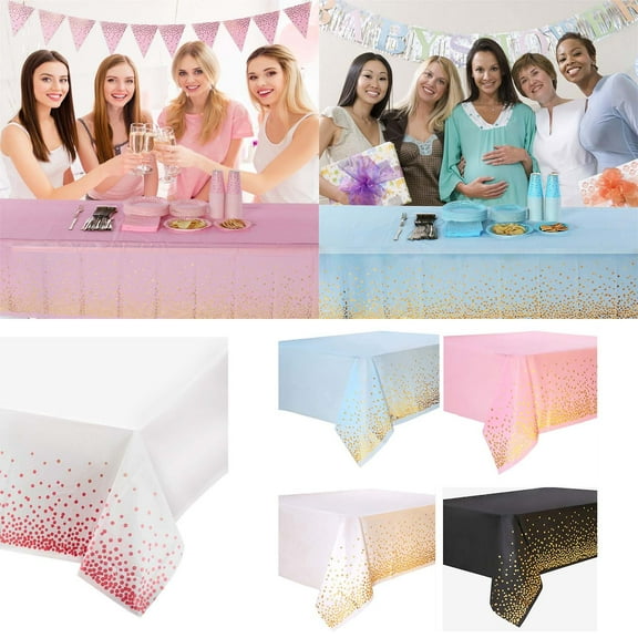 Tablecloth under $5! Yannianjz Disposable Gold Foil Tablecloth, Round Dot Pattern for Birthday Wedding Party, Plastic Festive Table Cover