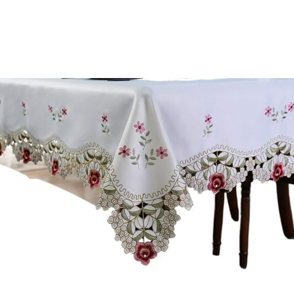 Tablecloths Camellia Embroidered Floral Tablecloth Rectangular 60 x 84 inch, Cream Rose Red