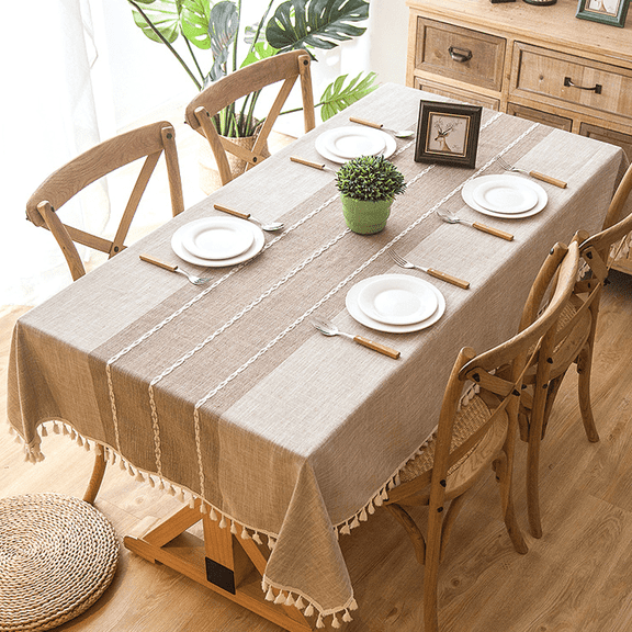 Tablecloths for Rectangle Tables, Cotton Linen Table Cloth Waterproof Tablecloth Wrinkle Free Farmhouse Dining Table Cover, Soft Fabric Table Cloths with Tassels, 55" X 86", 6-8 Seats,Brown
