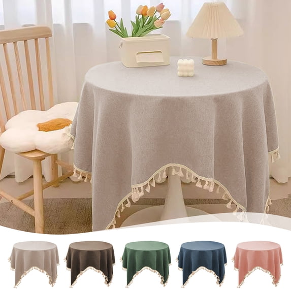 Tablecloths for Rectangle Tables, Cotton Linen Table Tablecloth Wrinkle Free Farmhouse Dining Table Cover, Soft Fabric Table Cloths with Tassels, 35.43"X35.43"
