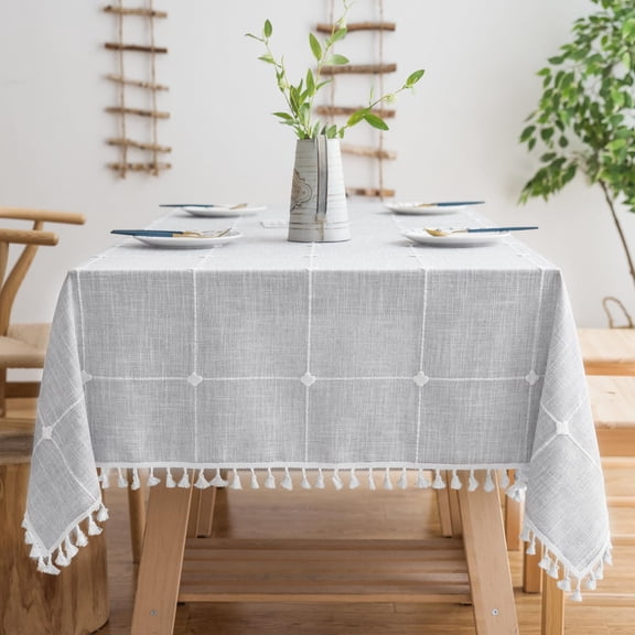 Tablecloths For Rectangle Tables Cotton Linen Waterproof Farmhouse Table Cloth With Boho Tassels - Wrinkle Free Wipeable & Washable Kitchen Dining 55''x70'' 4-6 Seats Grey