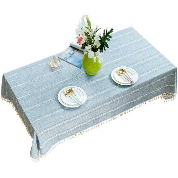 Tablecloths For Rectangle Tables,Solid Color Openwork Striped Tablecloth With Tassel,Washable Cotton Linen Elegant Table Cloth For Home Dining Living Room Wedding -Blue-120x120cm(48x48")