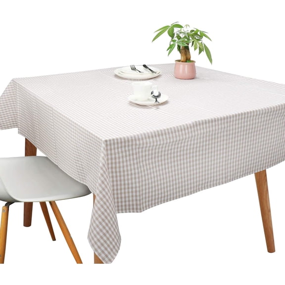 Tablecloths Rectangle Vintage Table Covers Pure Cotton Gingham Tablecloths Oversized Christmas Holiday Home Decorative Checkered Plaid Table cloths for Everyday Dinner (Light Brown, 84 X 60 inch)