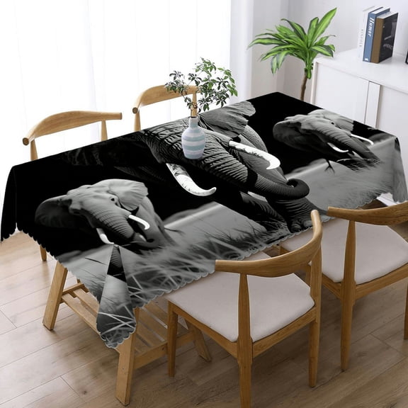 Tablecloths for dining table - Black White Elephant Print, Kitchen Accessories with lace trim Tablecloths rectangle , Cafe, dinner, brunch, buffet, picnic