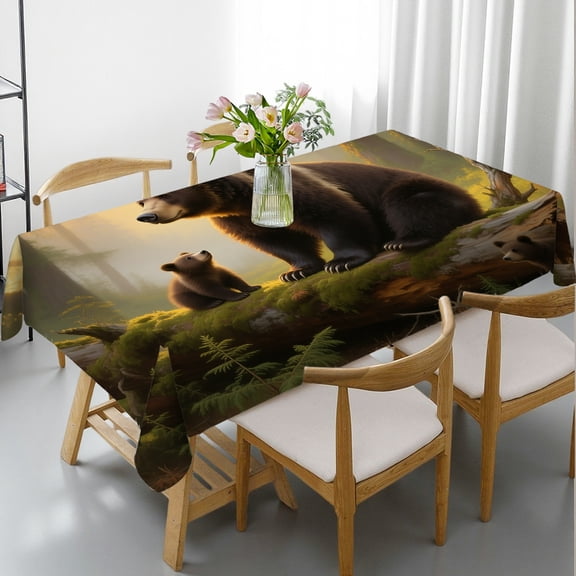 Tablecloths for dining table - Cute Bear Playing In The Forest Print, Machine-Made Rectangular Tablecloth, Cafe, dinner, brunch, buffet, picnic, party