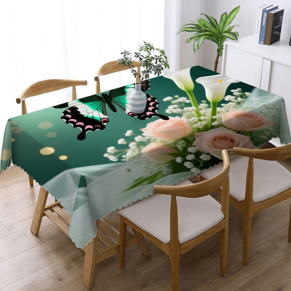 Tablecloths for dining table - Flower Butterfly White Calla Lily Pink Rose Spring Flowers Bouquet Print, Holiday-Themed Design Machine-Made Rectangular Tablecloth, Cafe, dinner, picnic