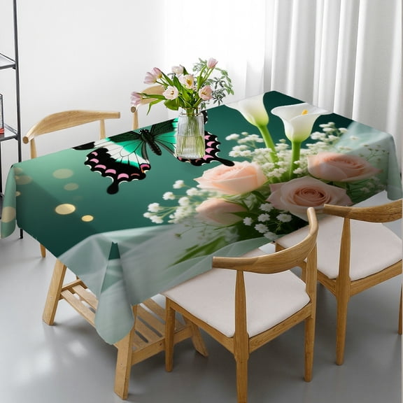Tablecloths for dining table - Flower Butterfly White Calla Lily Pink Rose Spring Flowers Bouquet Print, Polyester Tablecloths Rectangular Tablecloth, Cafe, dinner,picnic, wedding, party