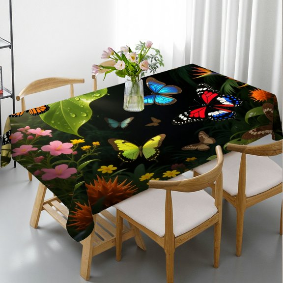Tablecloths for dining table - Frog Butterfly and Green Plant in the Tropical Rainforest Print, Machine-Made Festive Table Setting Tablecloths rectangle tables large size, Cafe, dinner,picnic, party