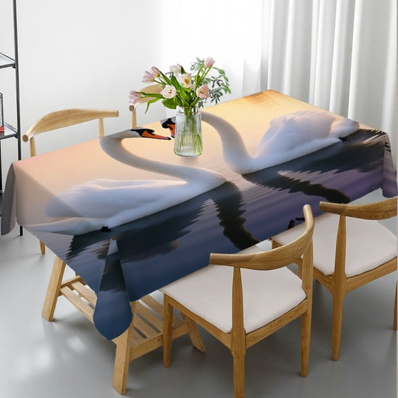 Tablecloths for dining table - Romantic two swans on a lake Print, Polyester Tablecloths Kitchen Accessories Tablecloths rectangle , Cafe, dinner, picnic,